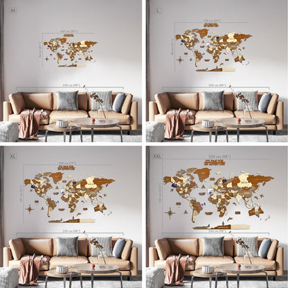 Wooden World Map Wall Art - 3d Wood Push Pin Maps, Multicolor