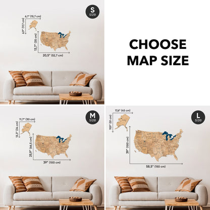 Wooden 3d Map of USA - Gold