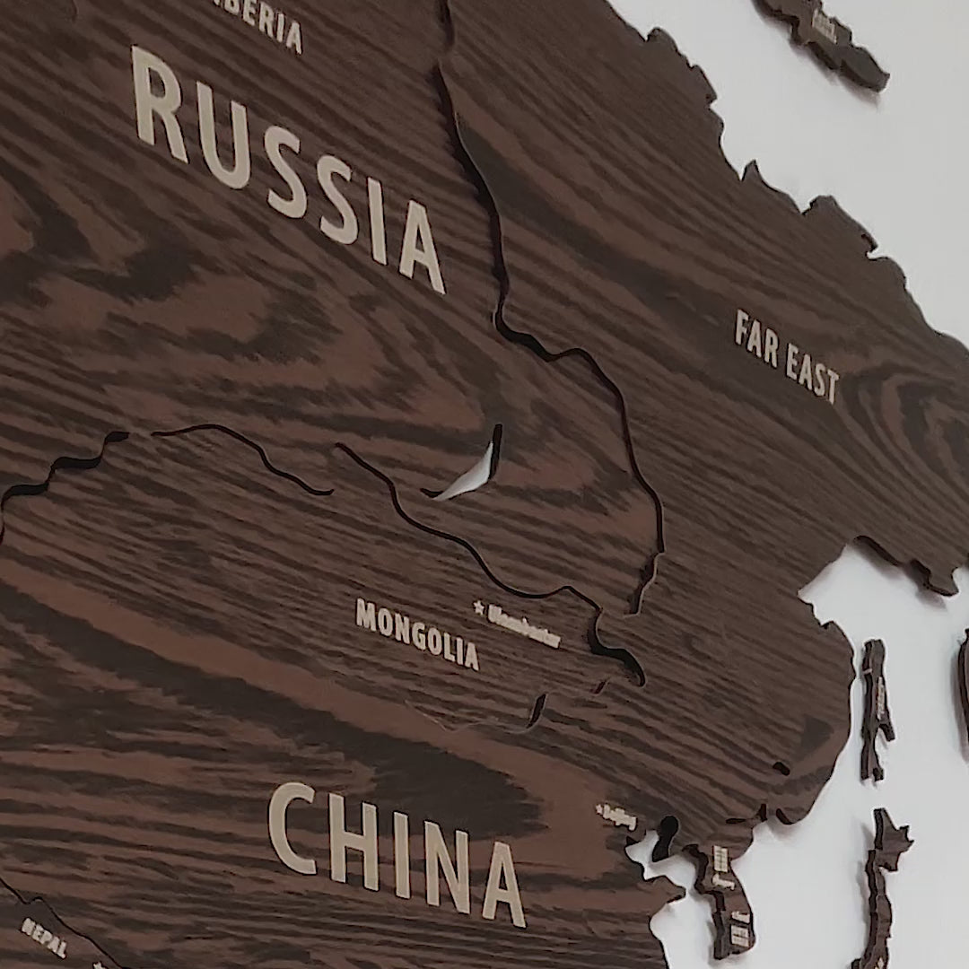 Wooden World Map Wall Decor - 3D Wood Push Pin Maps (Dark Brown)
