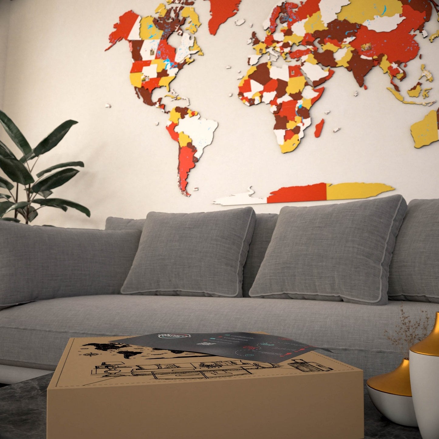 3D Wooden World Map - Vibrant Colors & Push Pins (Terracota)