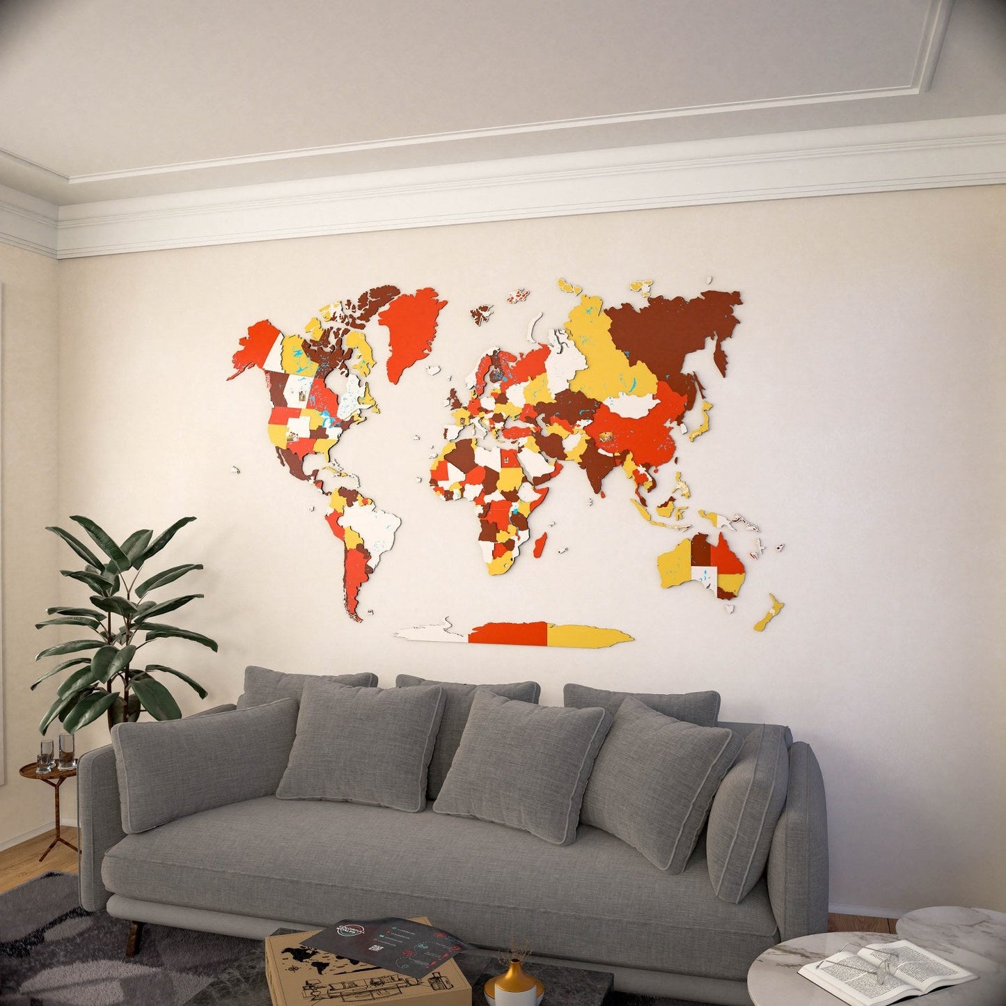 3D Wooden World Map - Vibrant Colors & Push Pins (Terracota)