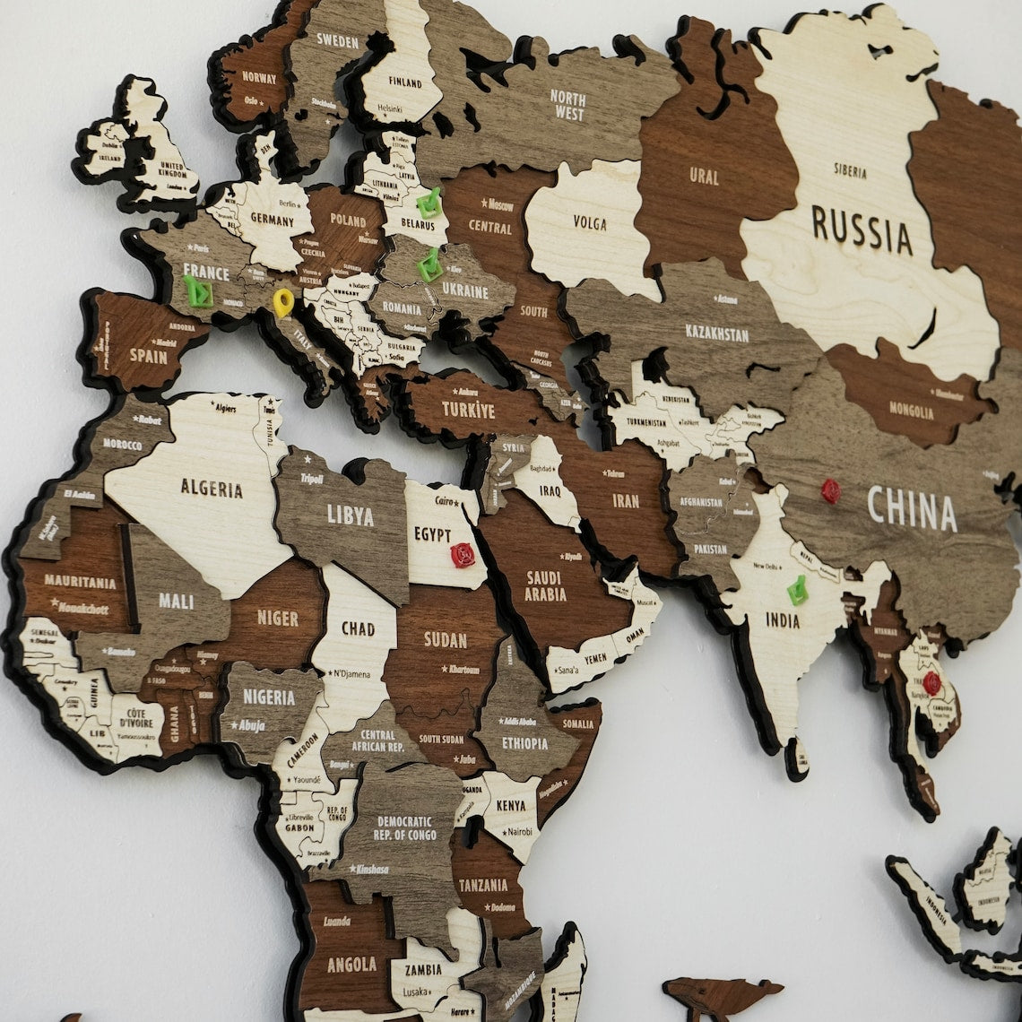 Wooden World Map Puzzle - 3d Wood Push Pin Maps, Wooden on Metal