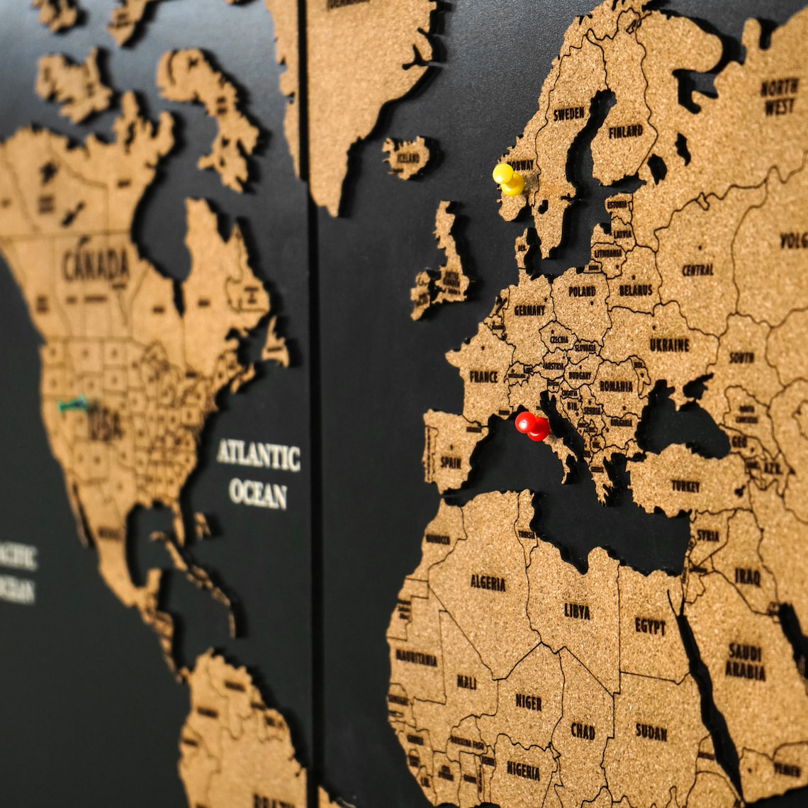 Wooden Cork World Map with Pins - Add Travel Photos