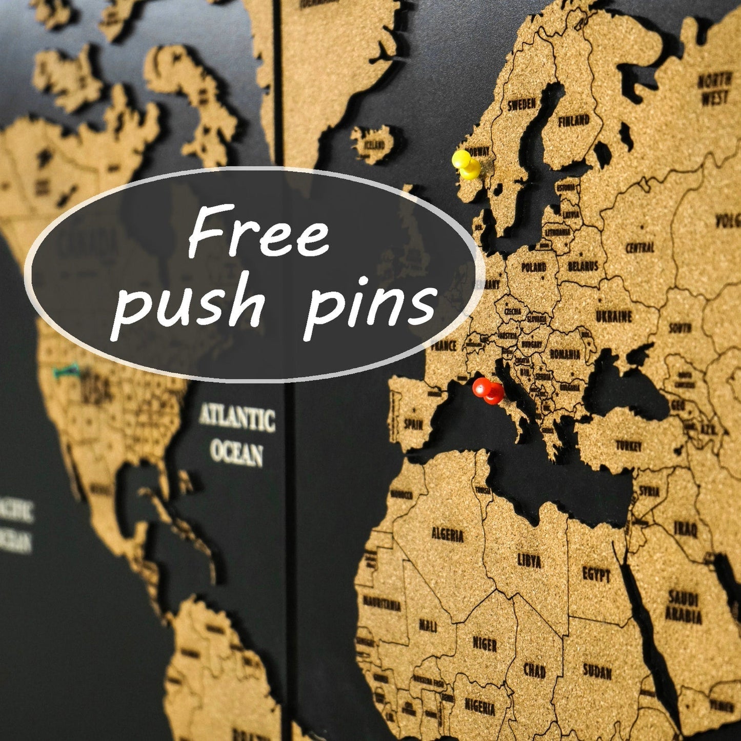 Wooden Cork World Map with Pins - Add Travel Photos