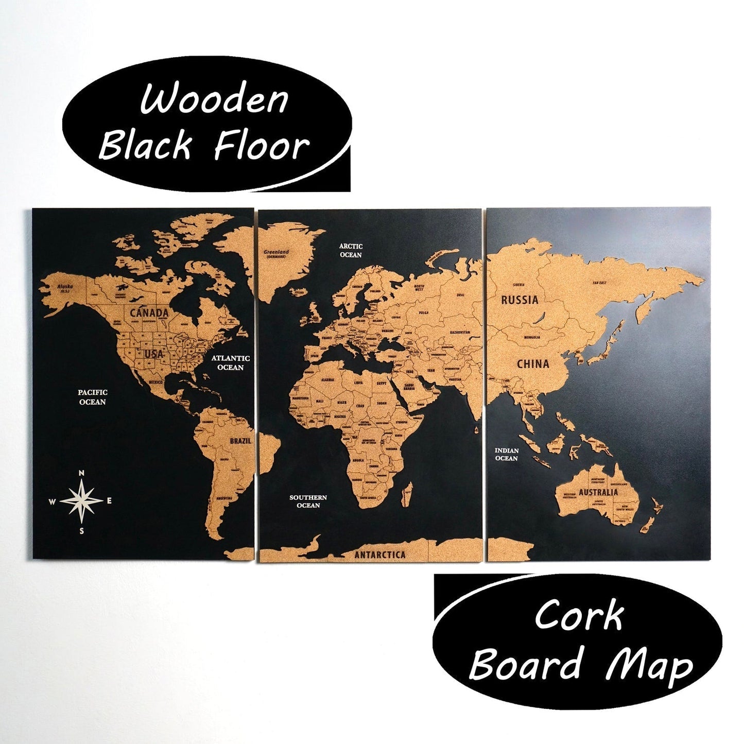 Wooden Cork World Map with Pins - Add Travel Photos