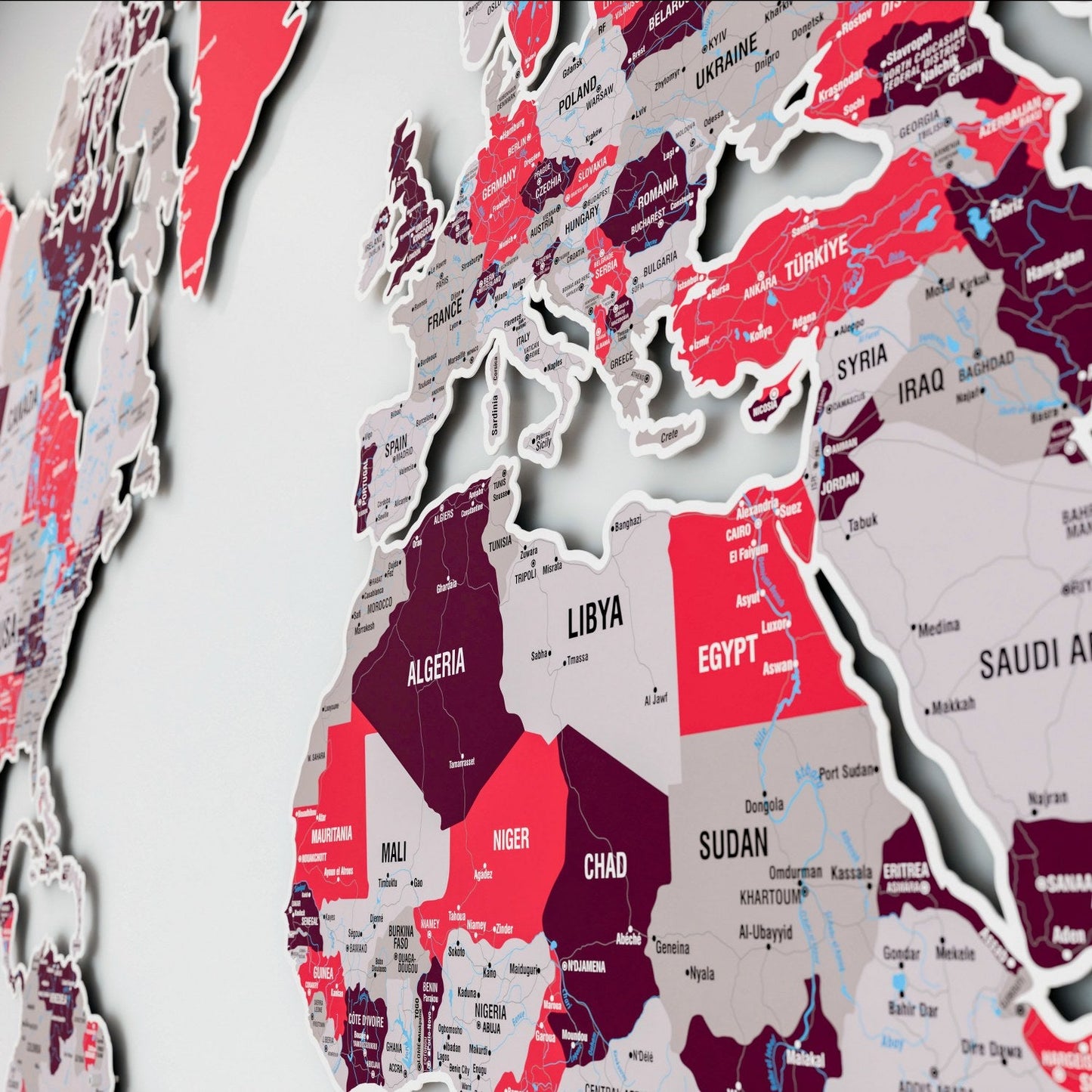 World Map Wall Art - UV Print on Metal, Vibrant Colors (Crimson)
