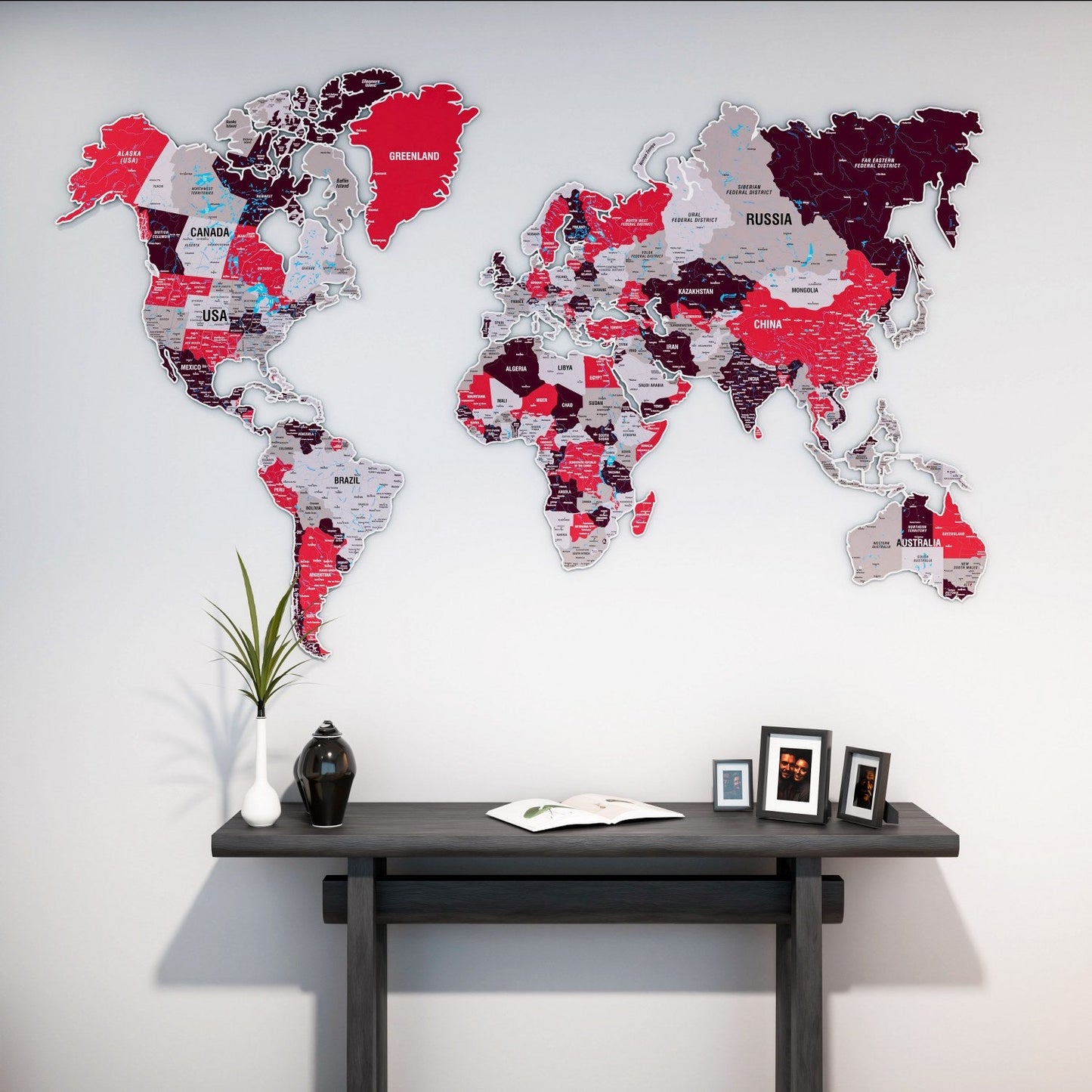 World Map Wall Art - UV Print on Metal, Vibrant Colors (Crimson)