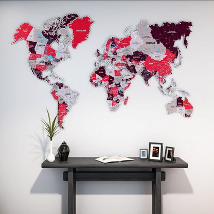 World Map Wall Art - UV Print on Metal, Vibrant Colors (Crimson)