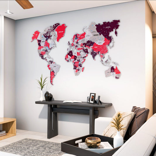 World Map Wall Art - UV Print on Metal, Vibrant Colors (Crimson)