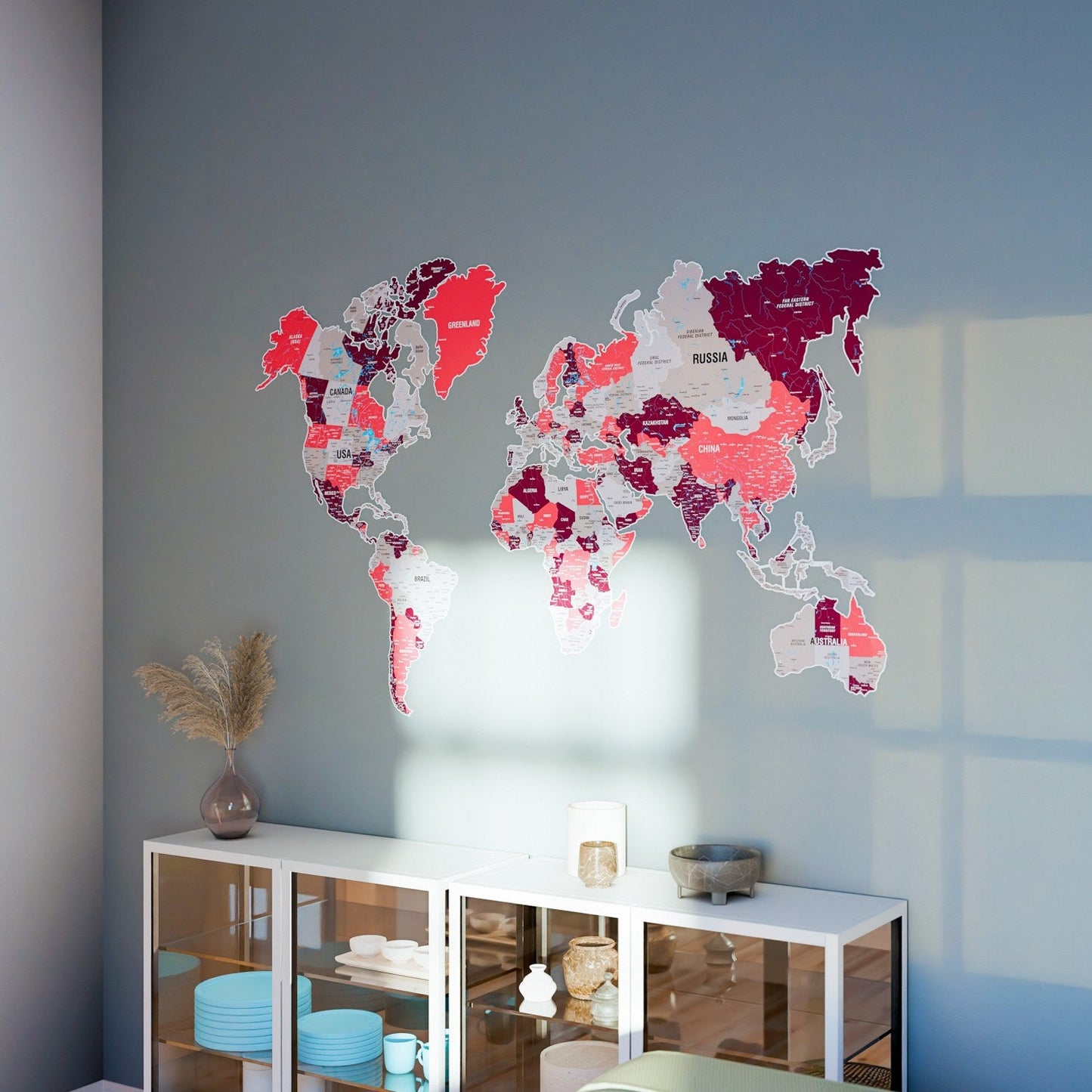 World Map Wall Art - UV Print on Metal, Vibrant Colors (Crimson)