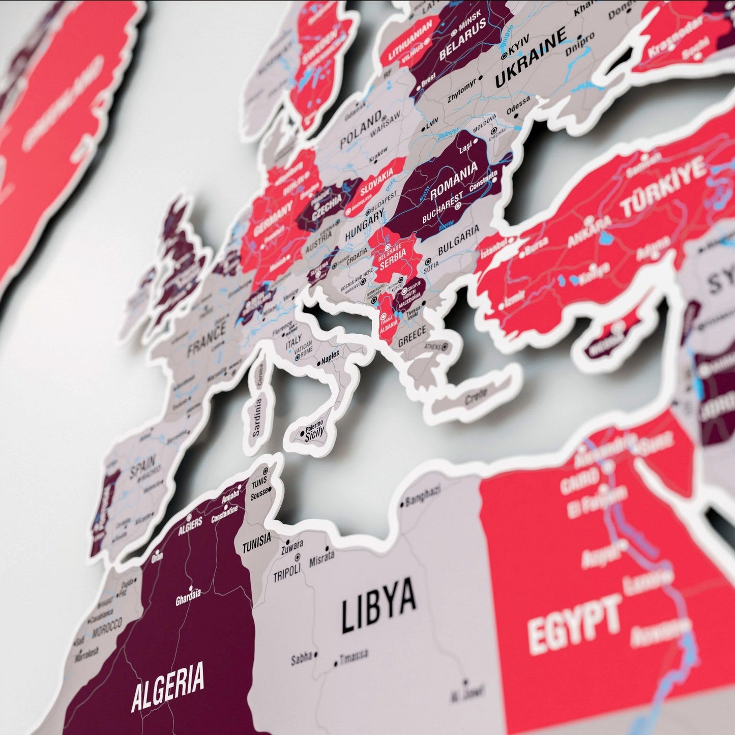 World Map Wall Art - UV Print on Metal, Vibrant Colors (Crimson)
