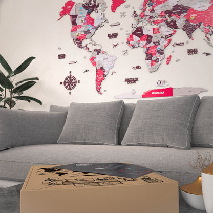 World Map Wall Art - UV Print on Wood, Vibrant Colors and 3D (Crimson)