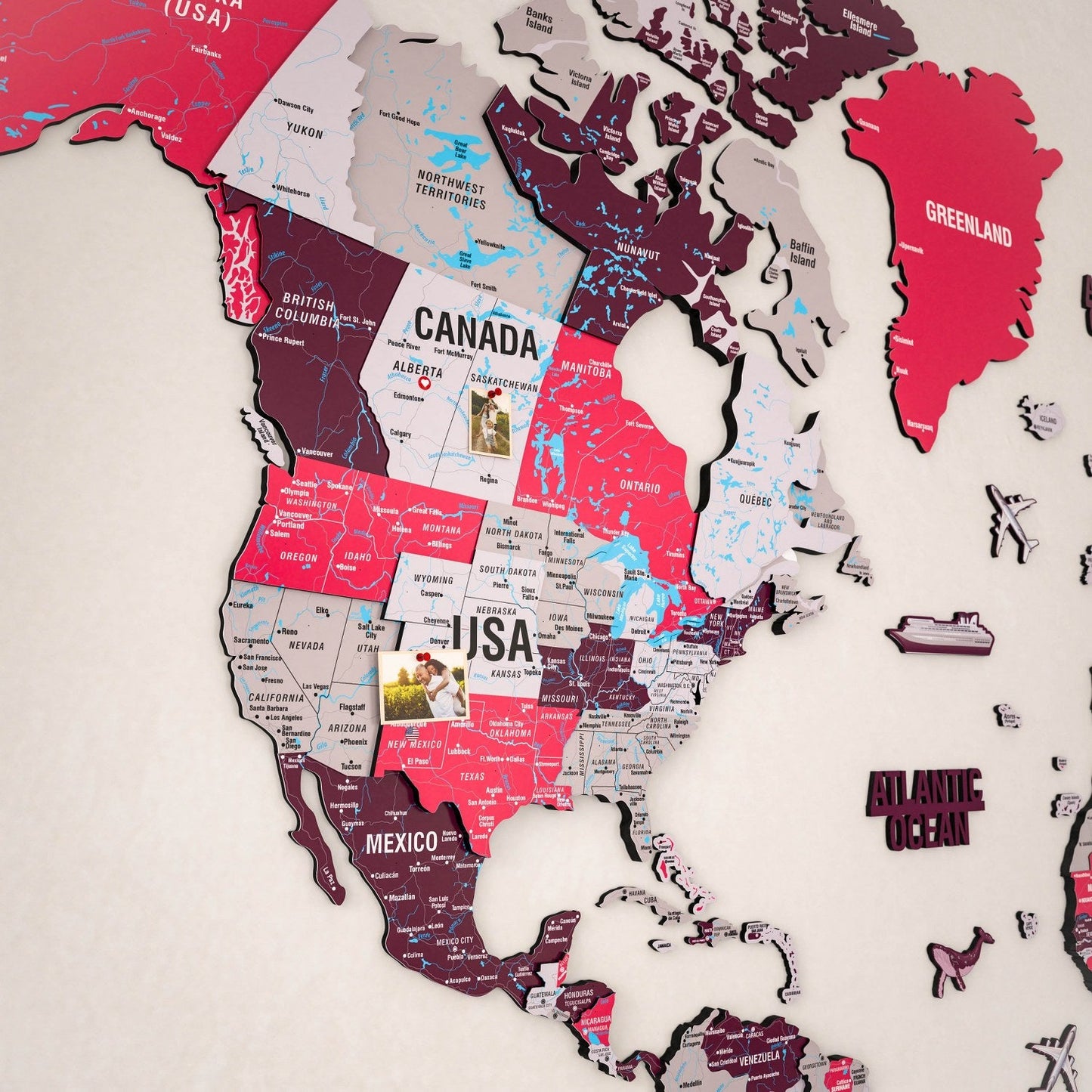 World Map Wall Art - UV Print on Wood, Vibrant Colors and 3D (Crimson)