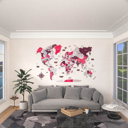 World Map Wall Art - UV Print on Wood, Vibrant Colors and 3D (Crimson)