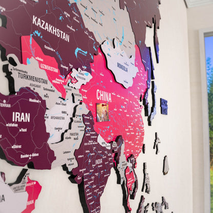World Map Wall Art - UV Print on Wood, Vibrant Colors and 3D (Crimson)