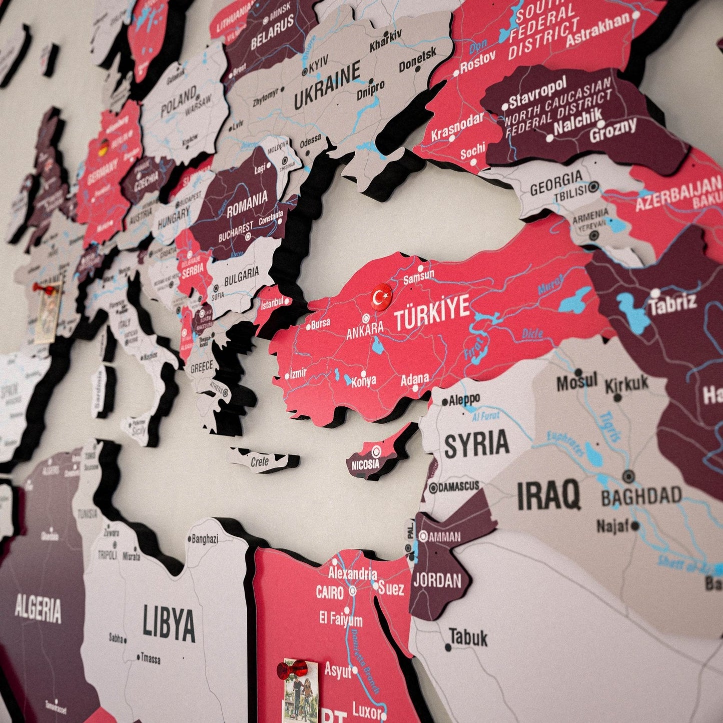World Map Wall Art - UV Print on Wood, Vibrant Colors and 3D (Crimson)