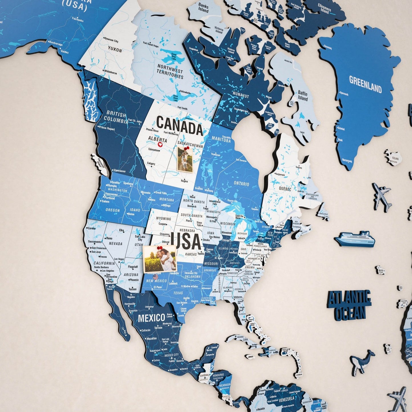 Wooden World Map with Pins - 3D & Vibrant Colors (Navy)