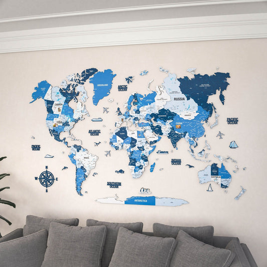 Wooden World Map with Pins - 3D & Vibrant Colors (Navy)