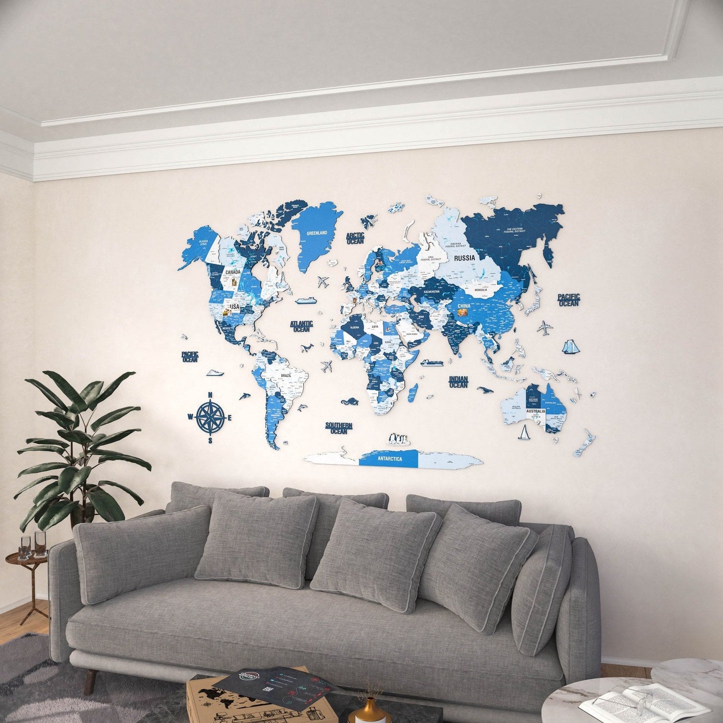 Wooden World Map with Pins - 3D & Vibrant Colors (Navy)