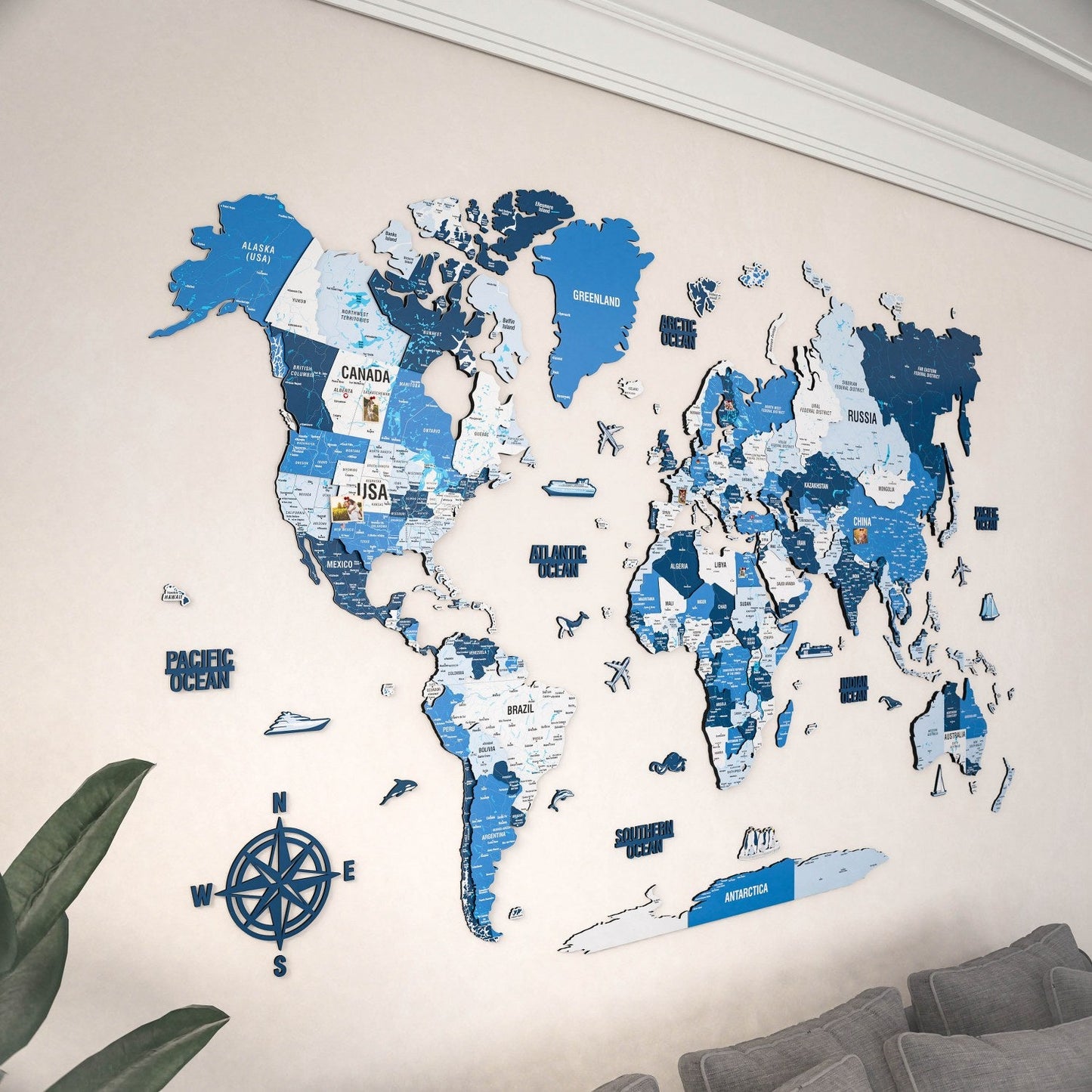 Wooden World Map with Pins - 3D & Vibrant Colors (Navy)