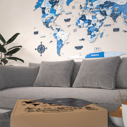Wooden World Map with Pins - 3D & Vibrant Colors (Navy)