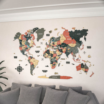 Map of the World Art for Wall - 3D & Vibrant Colors (Sage)
