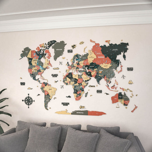 Map of the World Art for Wall - 3D & Vibrant Colors (Sage)