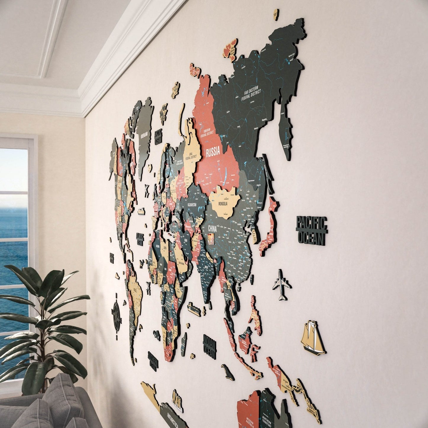 Map of the World Art for Wall - 3D & Vibrant Colors (Sage)