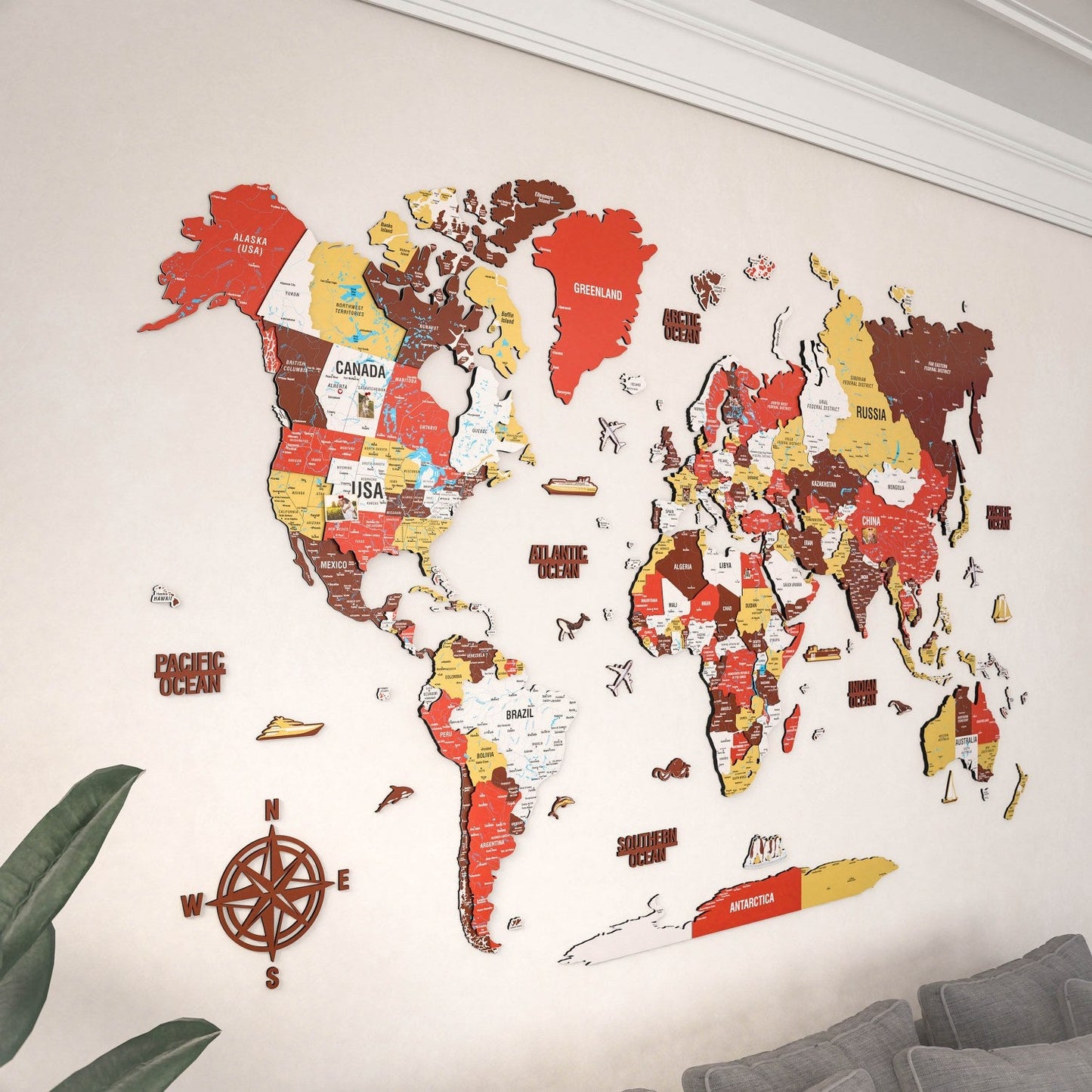 3D Wooden World Map - Vibrant Colors & Push Pins (Terracota)