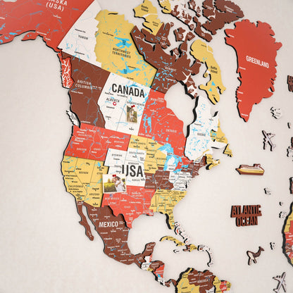 3D Wooden World Map - Vibrant Colors & Push Pins (Terracota)