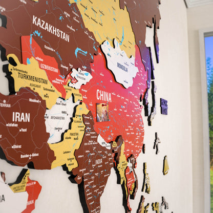 3D Wooden World Map - Vibrant Colors & Push Pins (Terracota)
