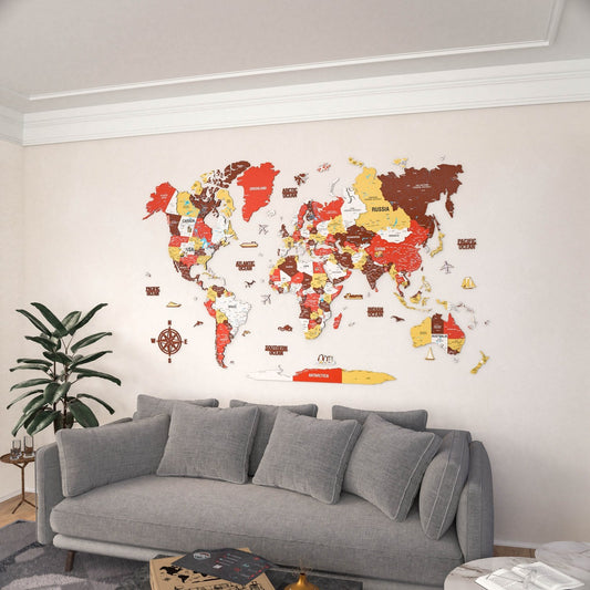 3D Wooden World Map - Vibrant Colors & Push Pins (Terracota)