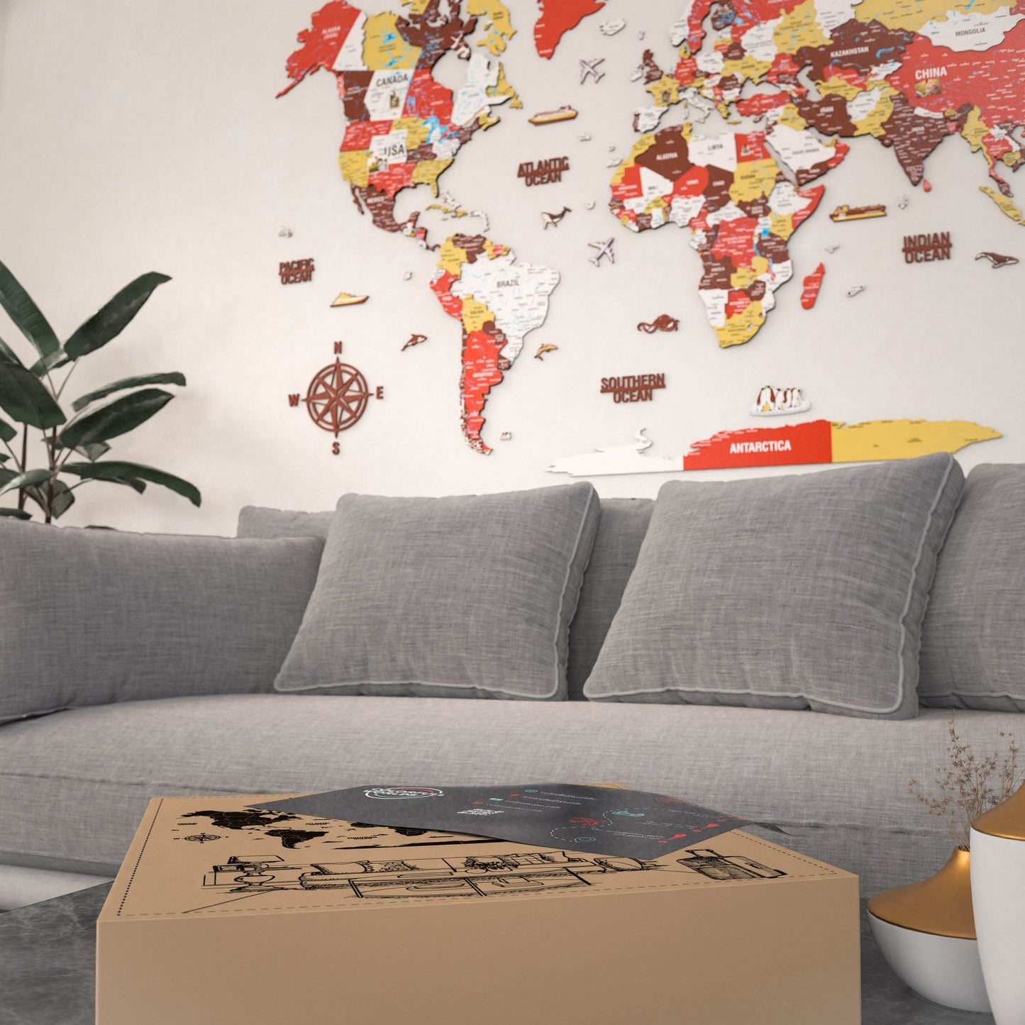 3D Wooden World Map - Vibrant Colors & Push Pins (Terracota)