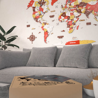 3D Wooden World Map - Vibrant Colors & Push Pins (Terracota)