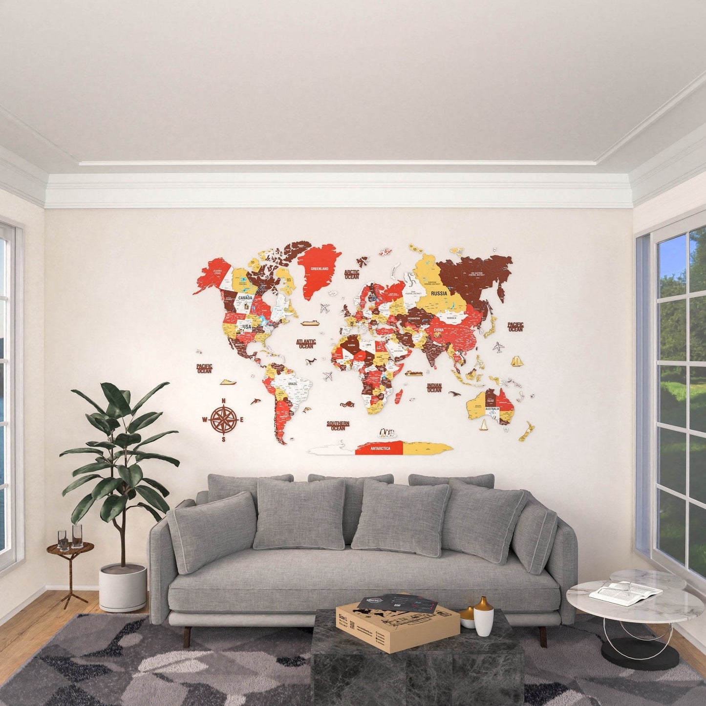 3D Wooden World Map - Vibrant Colors & Push Pins (Terracota)