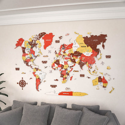 3D Wooden World Map - Vibrant Colors & Push Pins (Terracota)